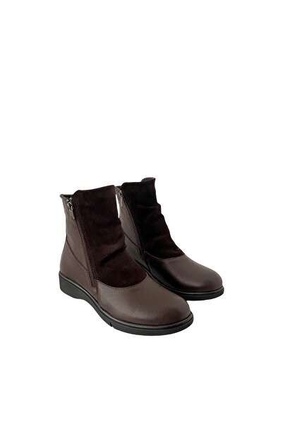 Saracshoes Gerçek Deri Kadın Bot Çift Fermuarlı Kahverengi Kafi
