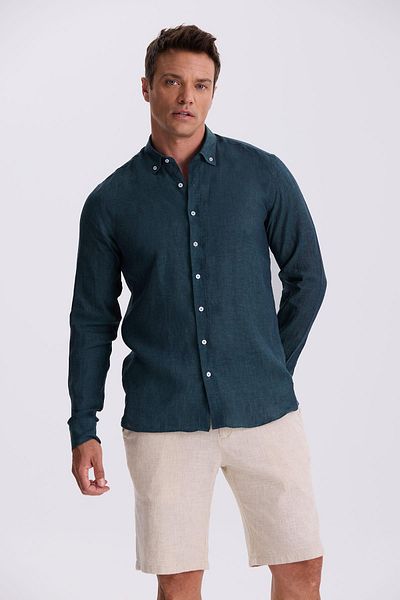 Jakamen Χακί 100% λινό πουκάμισο με κουμπιά με γιακά Comfort Fit