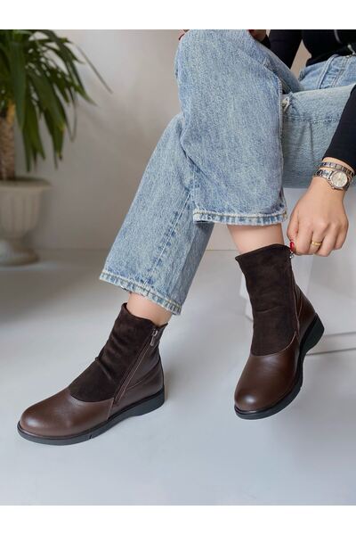 Saracshoes Gerçek Deri Kadın Bot Çift Fermuarlı Kahverengi Kafi