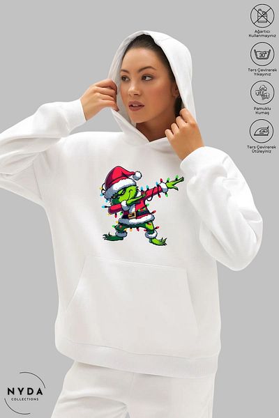 Nyda Collections Grinch New Year's Unisex Hoodie - Μακρυμάνικο, Dance Printed, Hooded, Raster Oversize βαμβακερό φούτερ