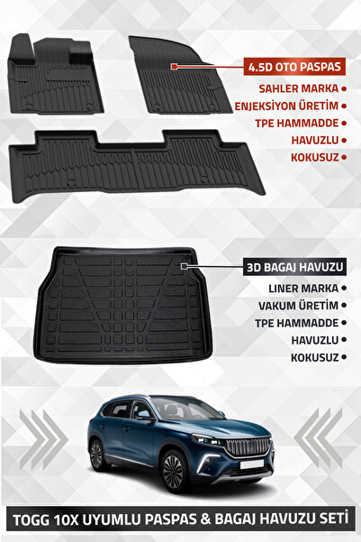 Sahler Togg T10x 2023-2025 4.5d Pro Premium Havuzlu Oto Paspas Ve Liner 3d Ba...