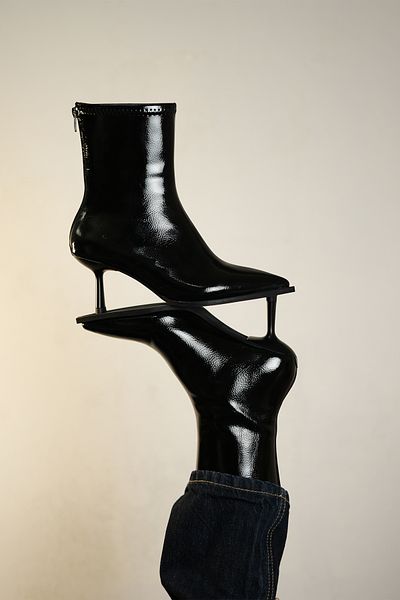 Marjin Black Patent Leather - Women's Pointed Toe Thin Heeled Boots, Back Zipper Pesina