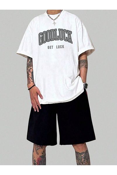 Mythologie Good Luck T-Shirt Combed Cotton Shorts - White Black Bottom Top Set Printed Oversized Crew Neck