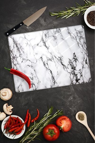 Saban 30x40 Cm White Marble Glass Cutting Board