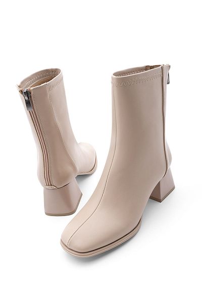 Marjin Damenstiefel mit Absatz und stumpfer Spitze, Reißverschluss hinten, Nayis Beige