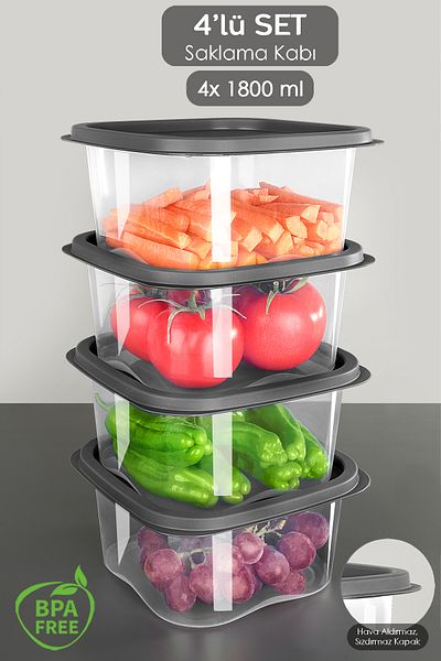 Meleni Home 4 Pieces Anthracite 1800ml Square Food Storage Container - Microwave Deep Freezer