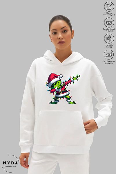 Nyda Collections Grinch New Year's Unisex Hoodie - Μακρυμάνικο, Dance Printed, Hooded, Raster Oversize βαμβακερό φούτερ