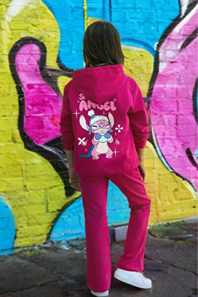 LUCKYPORT Kız Çocuk Eşofman Takımı Lilo Stitch Angel Baskılı - 3 İplik Kışlık Kalın Yumuşak 1262025