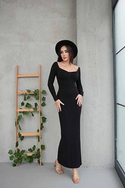 Deafox Black Sandy Fabric Breast Glop Detail Slit Low-Cut Maxi Length Dress