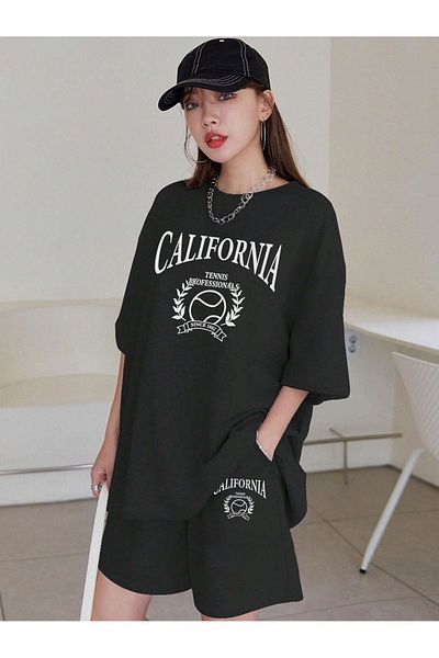 Mythologie California Tennis T-Shirt Combed Cotton Shorts - Black Shorts T-Shirt Set Printed Oversized Crew Neck