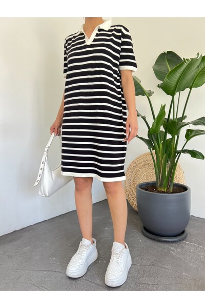 Modamorfo Polo Neck Ριγέ Πλεκτό Μίνι Φόρεμα -μαύρο