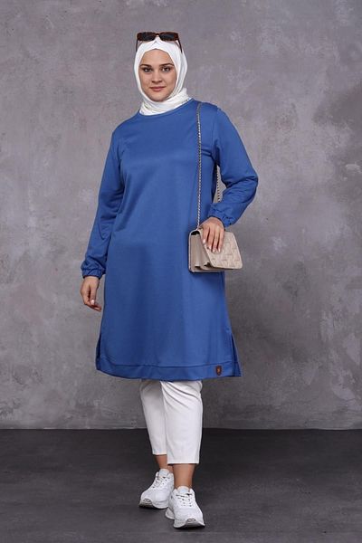 Ferace Women's Large Size Two Thread Combed Cotton Long Hijab Tunic Indigo