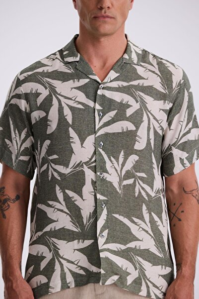 Jakamen Πράσινο κλασικό πουκάμισο με κοντό μανίκι με μοτίβο με γιακά Apaş