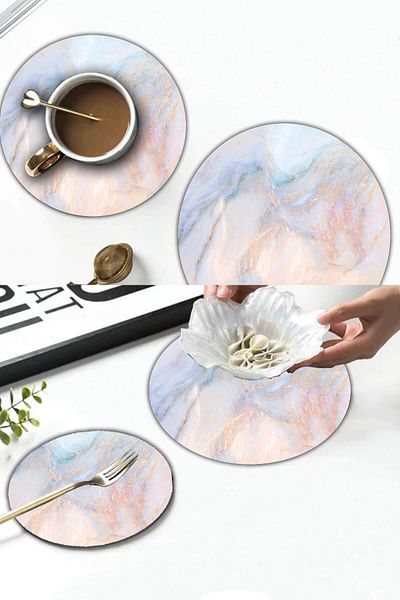 Saban Ezgi Marble Patterned Glass Presentation Tray Set of 2 Diameter 32 & Diameter 20