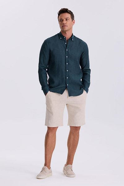 Jakamen Χακί 100% λινό πουκάμισο με κουμπιά με γιακά Comfort Fit