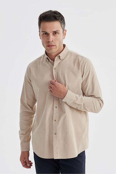 Jakamen Μπεζ Comfort Fit Πέτο με κουμπιά 100% βαμβακερό βελούδινο πουκάμισο