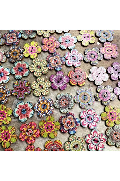 Dekor Vagonu Colorful Floral Patterned Wooden Button Set 20 Pieces