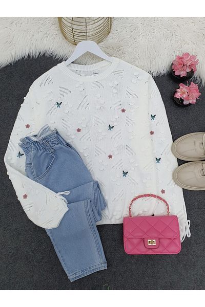 Modamorfo Pompom-gestickter Pullover mit Schnürsenkeln