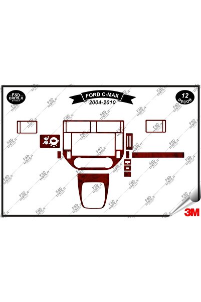 FD Damla Etiket Ford C Max 2004-2010 Garnitură Consolă Torpedo - Set de 12 bucăți din furnir de mahon