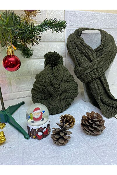 sema aksesuar New Year's Christmas Gift - Pompom Knitwear Beanie Hat and Scarf Set of 2