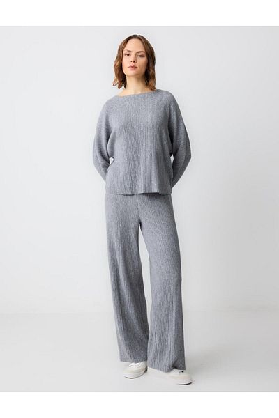 Jimmy Key Gray Melange High Waist Line Patterned Wide Leg Knitted Trousers
