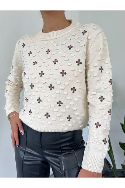 Modamorfo Pompom Knitwear Sweater with Front and Sleeves -Cream
