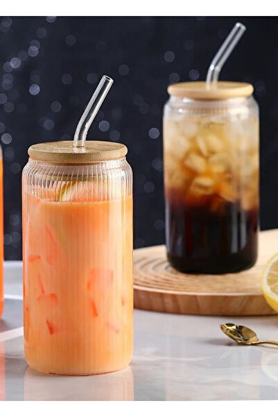 MİS KİTCHEN 2 Striped Heat Resistant Straw Bamboo Lid Borosilicate Cup 550ml + Cleaning Brush