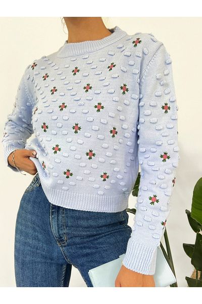 Modamorfo Pompom Knitwear Sweater with Front and Sleeves - Light Blue