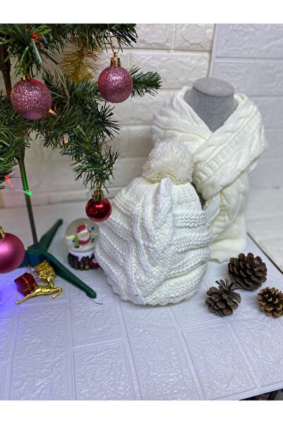 sema aksesuar New Year's Christmas Gift - Pompom Knitwear Beanie Hat and Scarf Set of 2