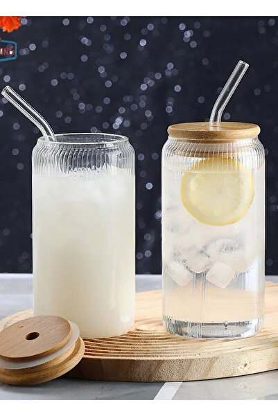 MİS KİTCHEN 2 Striped Heat Resistant Straw Bamboo Lid Borosilicate Cup 550ml + Cleaning Brush