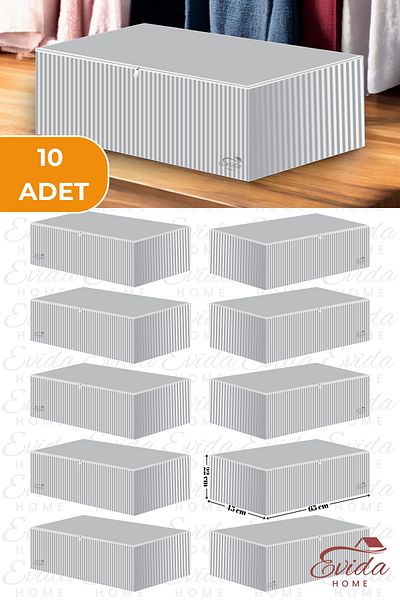 Evida 10 Pieces Anthracite Striped Large Size Organizer - 65X45X22 cm - under Bed and Sofa Bed Storage