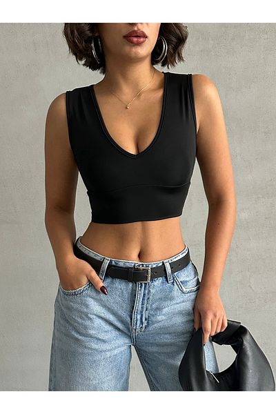 The Base Women's Black Scuba Fabric Cuffed V-Neck Thick Strap Crop Top