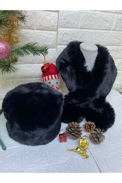 sema aksesuar هدية عيد الحب - طقم قبعة وشال من الفرو الصناعي - فرو صناعي شتوي...