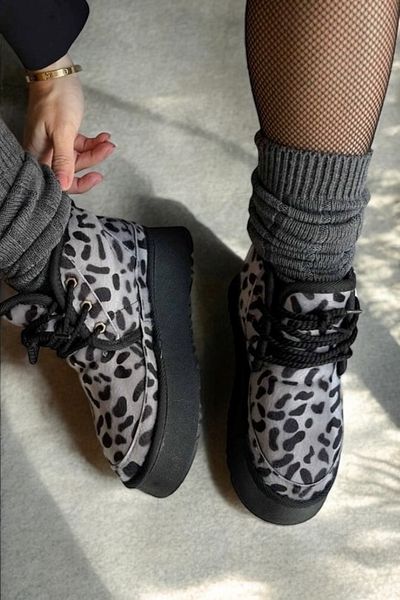 Ayakkabı Delisiyim HeriboGray Leopard Wool εσωτερικά Γυναικείες μπότες με χοντρή σόλα με κορδόνια