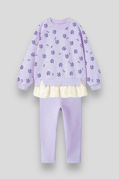 Magu Girl's Floral Patterned Cotton Sweatshirt, Leggings, Top and Bottom Set