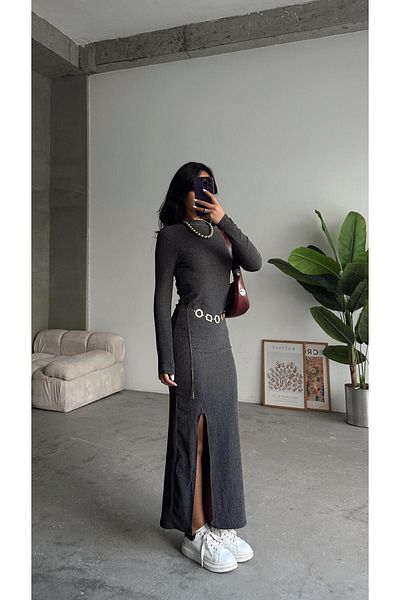 mydukkan.co Anthracite Ribbed Oversize Front Slit Dress