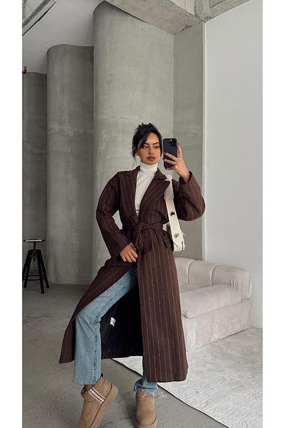 mydukkan.co Brown Stamp Coat - Waist Tie