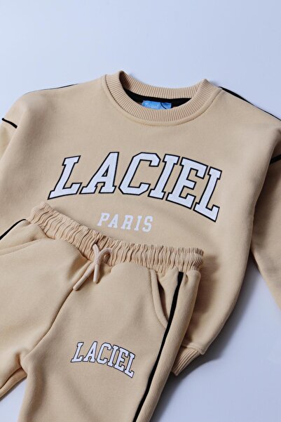 Magu Unisex Kids Slogan Patterned Cotton Sweatshirt Tracksuit Tights Top and Bottom Set