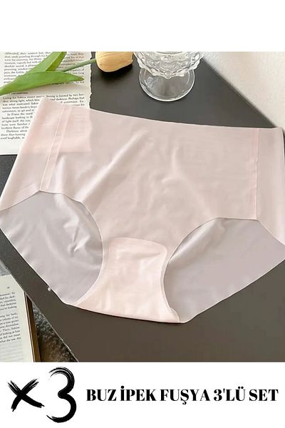 SWEETKORSE 3'lü Set Buz Ipek Iz Yapmaz Dikişsiz Hayalet Ince Lazer Kesim Mikro Şeffaf Yüksek Bel Külot Fuşya