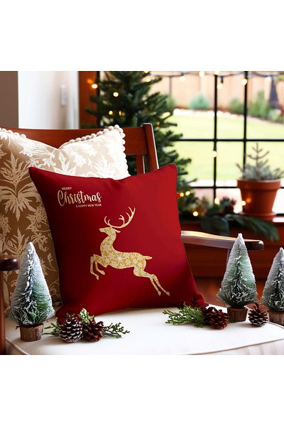 menesahome New Year's Themed Deer Pattern on Red Background Digital Printed Seat Pillow Throw Pillow Cover