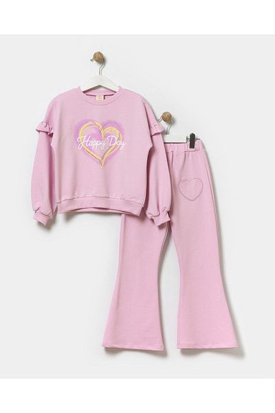 Magu Girl's Spanish Tights - Heart Patterned Cotton Sweatshirt and Bottom Set