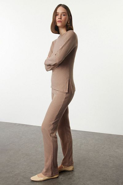 Trendyol Collection Camel Colored Crew Neck Slit Knitted Set - Twoaw25au00104