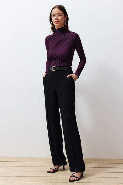Trendyol Collection Τετράγωνο γιακά Stretch Πλεκτή Μπλούζα - Δαμασκηνί κορδόνι, Εφαρμοσμένο TWOSS24BZ00487