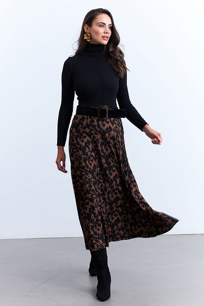 Cool & Modest Camel-Schwarz gemusterter Damen-Glockenrock MLON3007