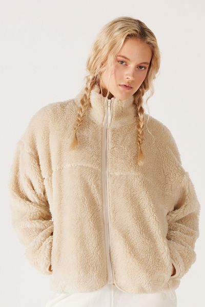 WRANGLER Oversize Loose Cut Stand Collar Zippered Faux Wool Women's Ecru Sherpa Jacket