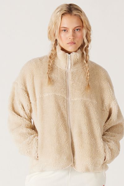 WRANGLER Oversize Loose Cut Stand Collar Zippered Faux Wool Women's Ecru Sherpa Jacket