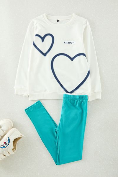 TRENDYOLKIDS Ecru*002 Girl's Slogan Knitted Bottom-Top Suit Tkdaw25Au00034