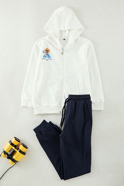 TRENDYOLKIDS Knitted Ecru Printed Top and Bottom Set - TKDAW25AU00039