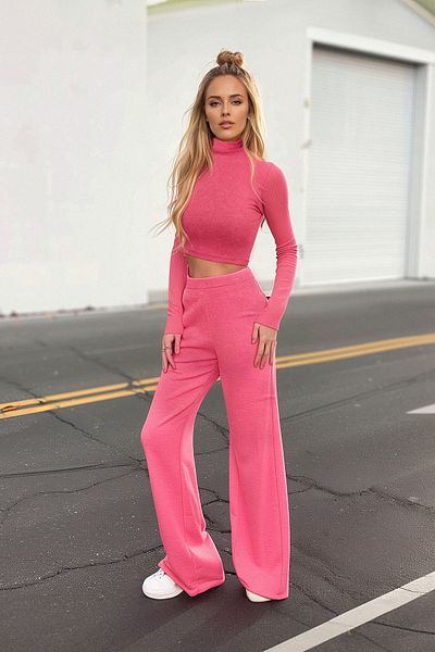 Trendyol Collection Fuchsia Soft Crop Top and Wide Leg Knitted Set - Stand Collar Twoaw24Au00077