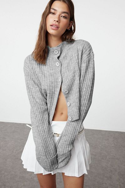 Trendyol Collection Dark Grey Knitwear Crop Cardigan - Soft Texture, Stand Collar Twoaw22Hi0174